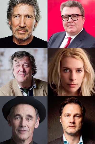 Some of those fasting in solidarity with the hunger striking prisoners at Guantanamo, who are at risk of dying under a new policy implemented by the Trump administration on September 20, 2017. Clockwise from top left: Roger Waters, Tom Watson MP, Sara Pascoe, David Morrissey, Mark Rylance and Stephen Fry.