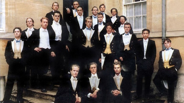 George Osborne (far left) in a photo taken in Oxford in 1992, of the notorious Bullingdon Club, a drinking club for the university's privileged elite.
