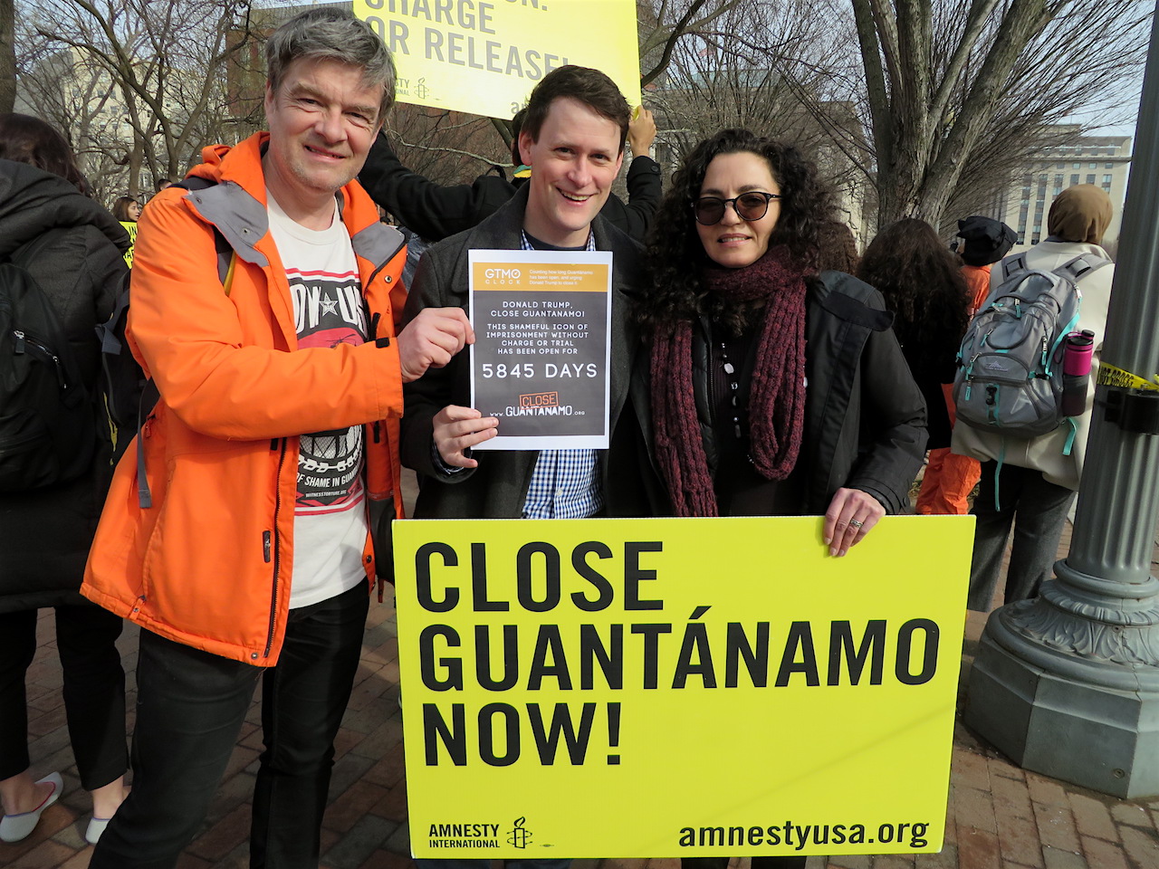 Andy Worthington of Close Guantánamo with Mitch Robinson, international law expert for Mustafa al-Hawsawi, one of five "high-value detainees" at Guantánamo accused of involvement in the 9/11 attacks, and Daphne Eviatar of Amnesty International USA call on Donald Trump to close Guantánamo at the annual rally outside the White House on January 11, 2018, the 16th anniversary of the opening of the prison. They were supporting the new Close Guantánamo initiative, counting how many days Guantánamo has been open — a shocking total of 5,845 days on the anniversary.