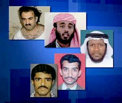 The co-defendants in the painfully slow-moving and contentious 9/11 trial at Guantanamo. From top to bottom: Khalid Sheikh Mohammed, Ramzi bin al-Shibh, Mustafa al-Hawsawi, Ali Abd al-Aziz Ali (aka Ammar al-Baluchi) and Walid bin Attash.