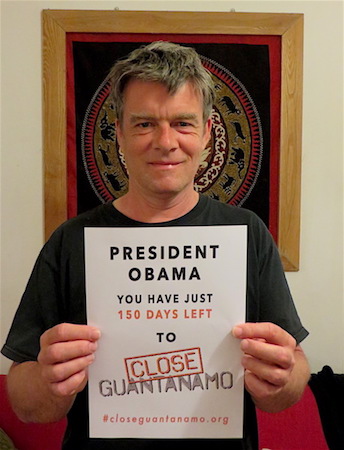 Close Guantanamo co-founder Andy Worthington promoting the next stage in the Countdown to Close Guantanamo - on August 22, when President Obama will have just 150 days left to close Guantanamo before he leaves office.
