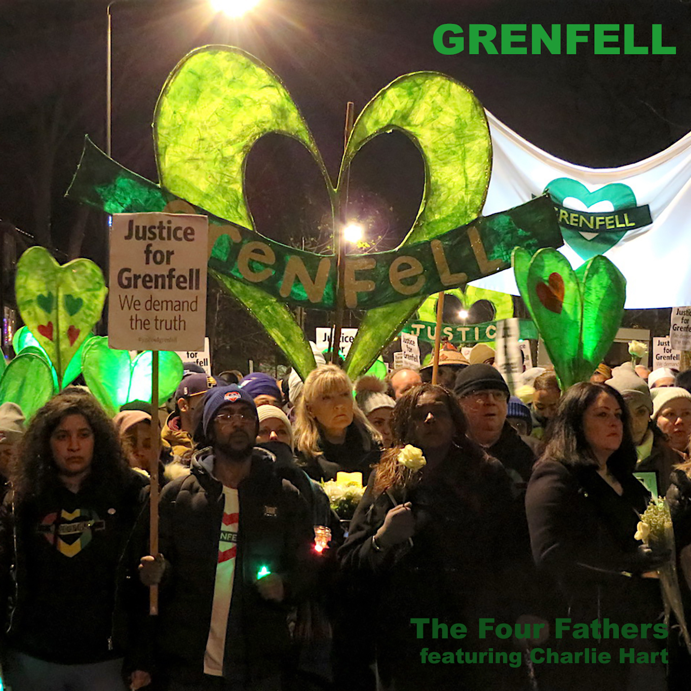 The cover of 'Grenfell' by The Four Fathers, featuring a photo taken in North Kensington on December 14, 2017 on one of the Silent Walks that take place on the 14th of every month (Photo: Andy Worthington).