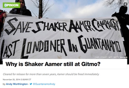 The header for my first article for Al-Jazeera America,  "Why is Shaker Aamer still at Gitmo?" published on November 25, 2014.