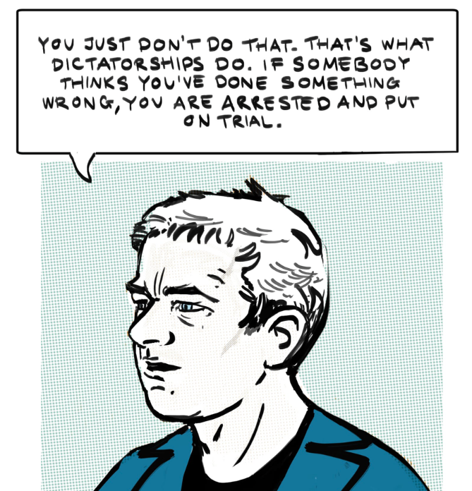 A panel from the comic 'Guantanamo Bay is Still Open. Still. STILL!' by Jess Parker and Sarah Mirk, featuring Andy Worthington.