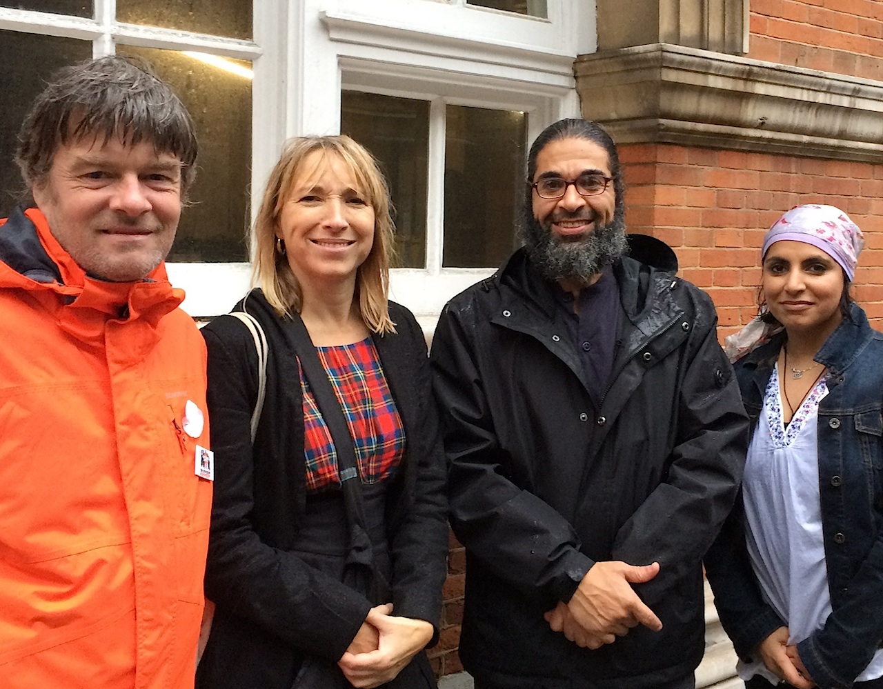 Andy Worthington, Joanne MacInnes, Shaker Aamer and doctor and journalist Saleyha Ahsan on November 17, 2015, after Shaker had met supporters and MPs in the Houses of Parliament.