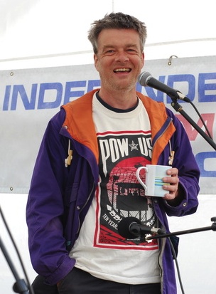 Andy Worthington at the Independence from America protest organised by the Campaign for the Accountability of American Bases (CAAB) at RAF Menwith Hill on July 4, 2013.