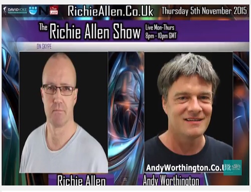 A screenshot of Richie Allen's video for his interview with Andy Worthington on November 5, 2015.