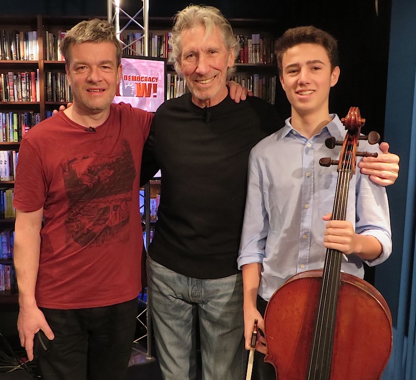 Andy Worthington with Roger Waters and cellist Alexander Rohatyn on Democracy Now! in January 2016.