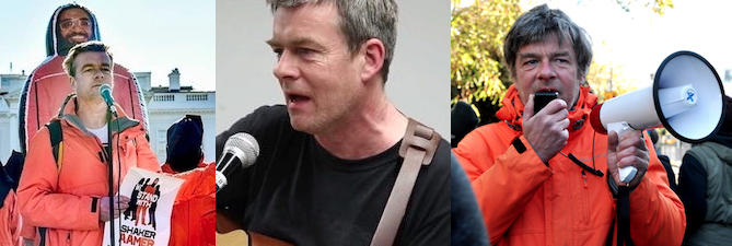 Three faces of Andy Worthington: as a campaigner working for the closure of Guantanamo, as a singer-songwriter, and as a housing activist.