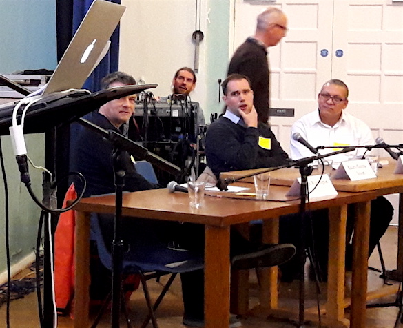 Andy Worthington at the Brockley Festival of Ideas for Change in November 2016 with moderator Oliver Lewis and novelist Gabriel Gbadamosi.