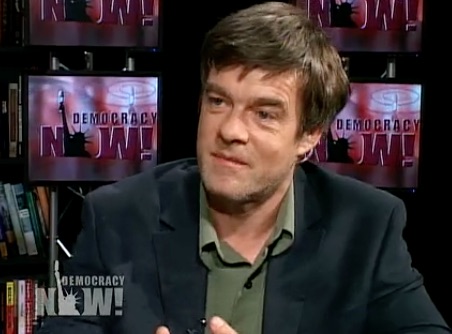 A screenshot from Andy Worthington's appearance on Democracy Now! in November 2009.