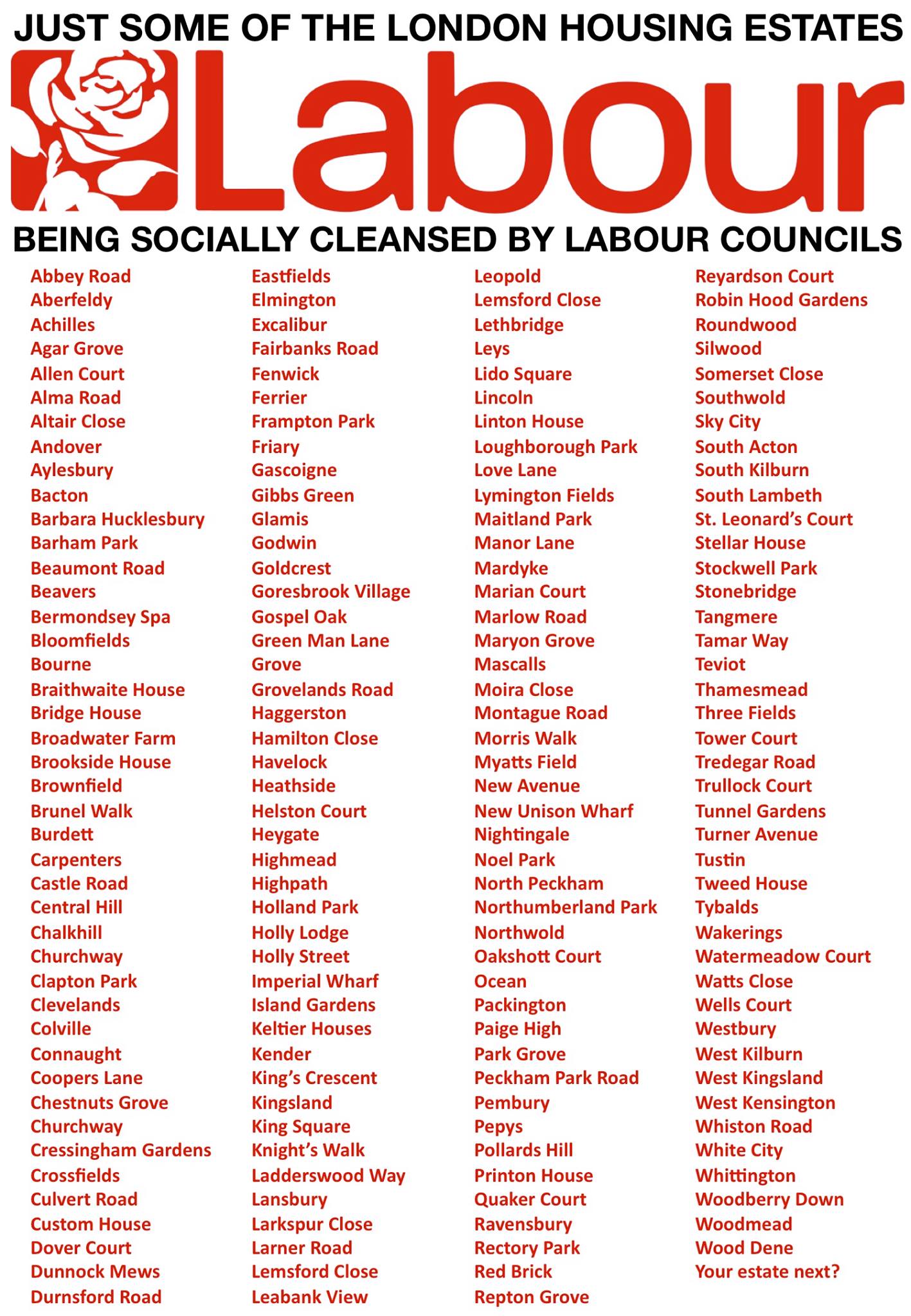 Architects for Social Housing's latest list of council estates in Labour boroughs that are threatened with destruction.