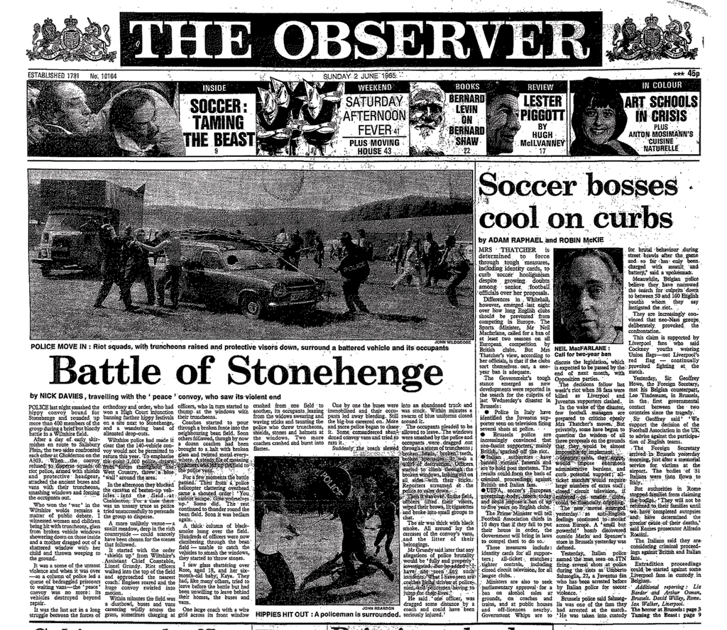 The Observer's front cover, the day after the Battle of the Beanfield, June 2, 1985, featuring a report by Nick Davies, one of the few journalists to have witnessed the horrendous state violence on the day.