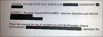 A heavily redacted MI5 memo about Binyam Mohamed, dated May 15, 2002