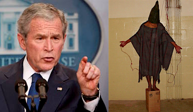 George W. Bush and one of the iconic images of prisoner abuse from Abu Ghraib in Iraq.