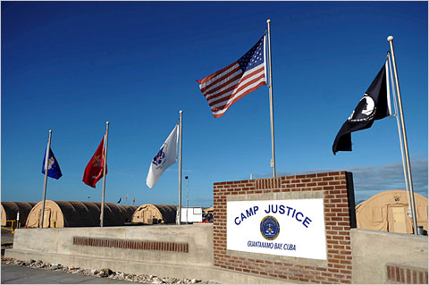 The "Camp Justice" sign near the courtroom for the military commissions at Guantanamo.