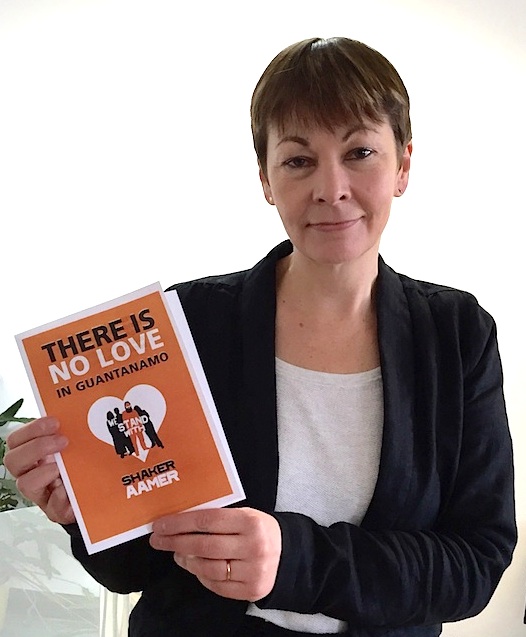 Caroline Lucas MP (Green, Brighton Pavilion) supporting the We Stand With Shaker campaign in February 2015, with a poster for Valentine's Day declaring, "There is no love in Guantanamo." In March 2016, Caroline launched a new Early Day Motion calling for the closure of Guantanamo.
