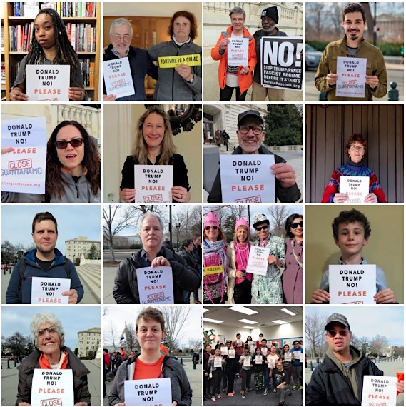 Photos of some of the campaigners who, throughout 2017, have been photographed with posters urging Donald Trump to close Guantanamo.
