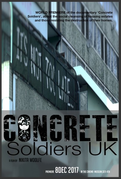 A poster for the launch of 'Concrete Soldiers UK', at the Cinema Museum in Kennington on December 8, 2017.
