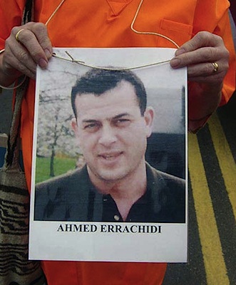 Ahmed Errachidi on a poster at a protest in Birmingham in September 2005, outside Hiatt's, the manufacturers of the shackles used in Guantanamo (photo via Indymedia).