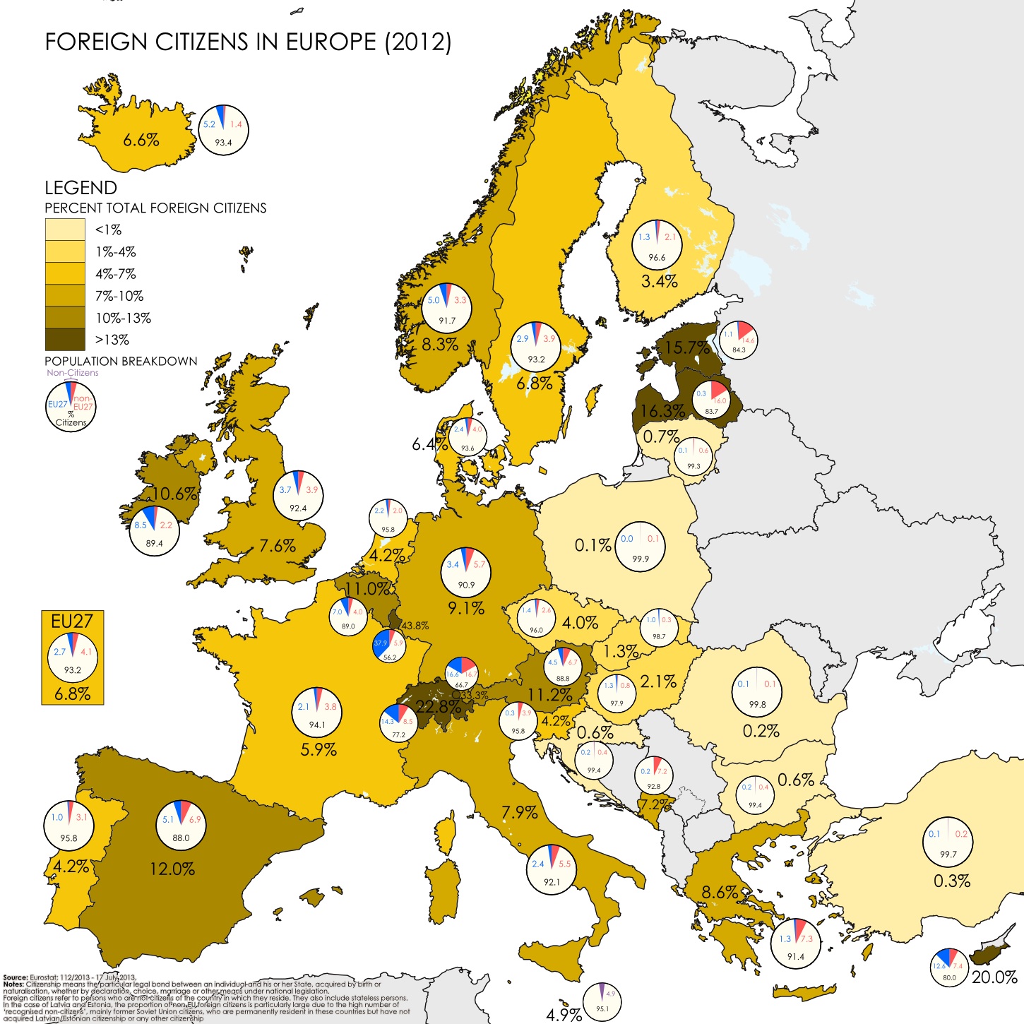 A map showing the percentage of citizens in European countries who were born in other countries, via Reddit, based on figures from 2012. A map showing the percentage of citizens in European countries who were born in other countries, via Reddit, based on figures from 2012.