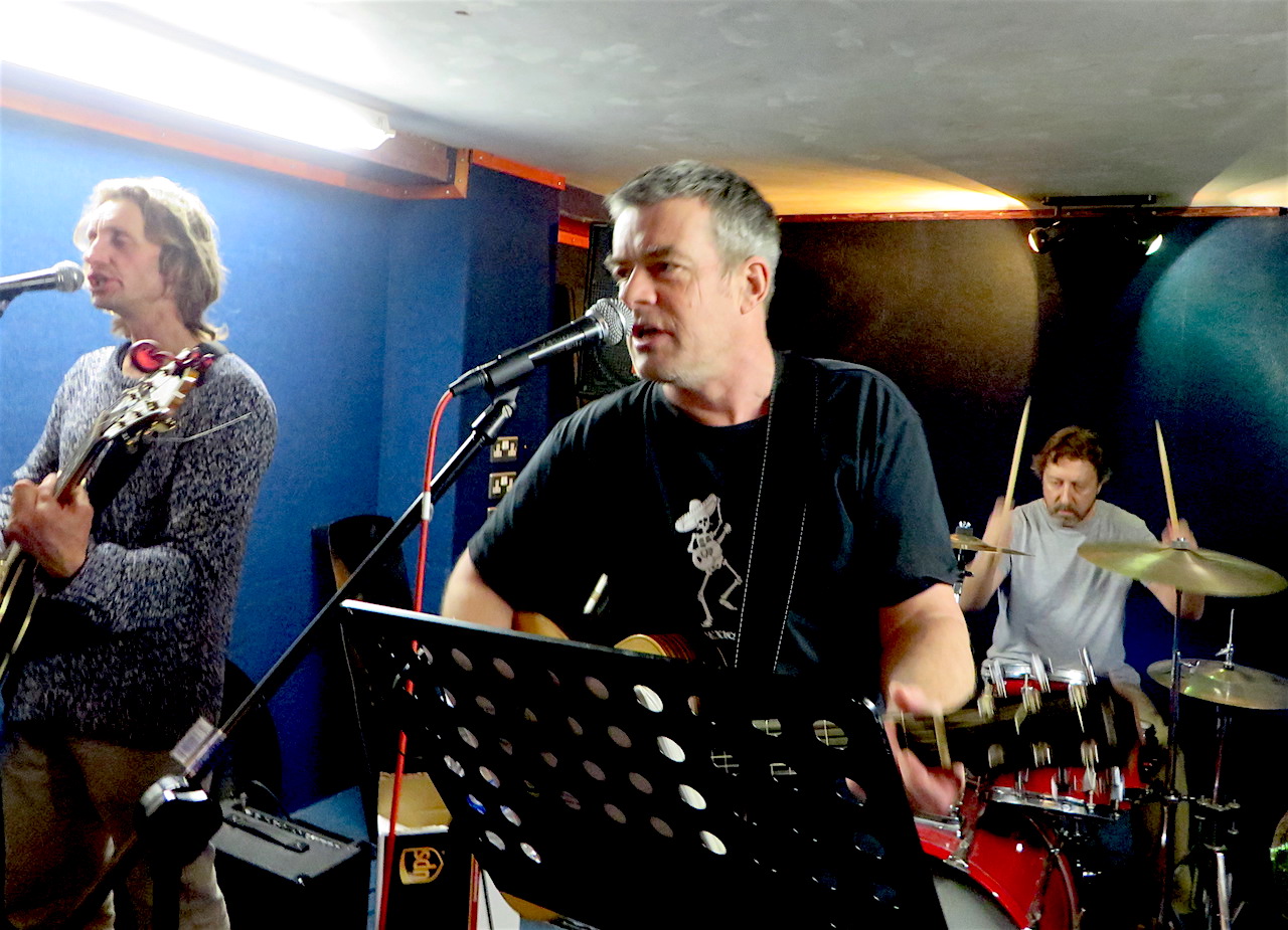 The Four Fathers rehearsing in November 2016 at the Music Complex in Deptford. From L to R: Richard Clare, Andy Worthington and Brendan Horstead. Photo by Andrew Fifield.