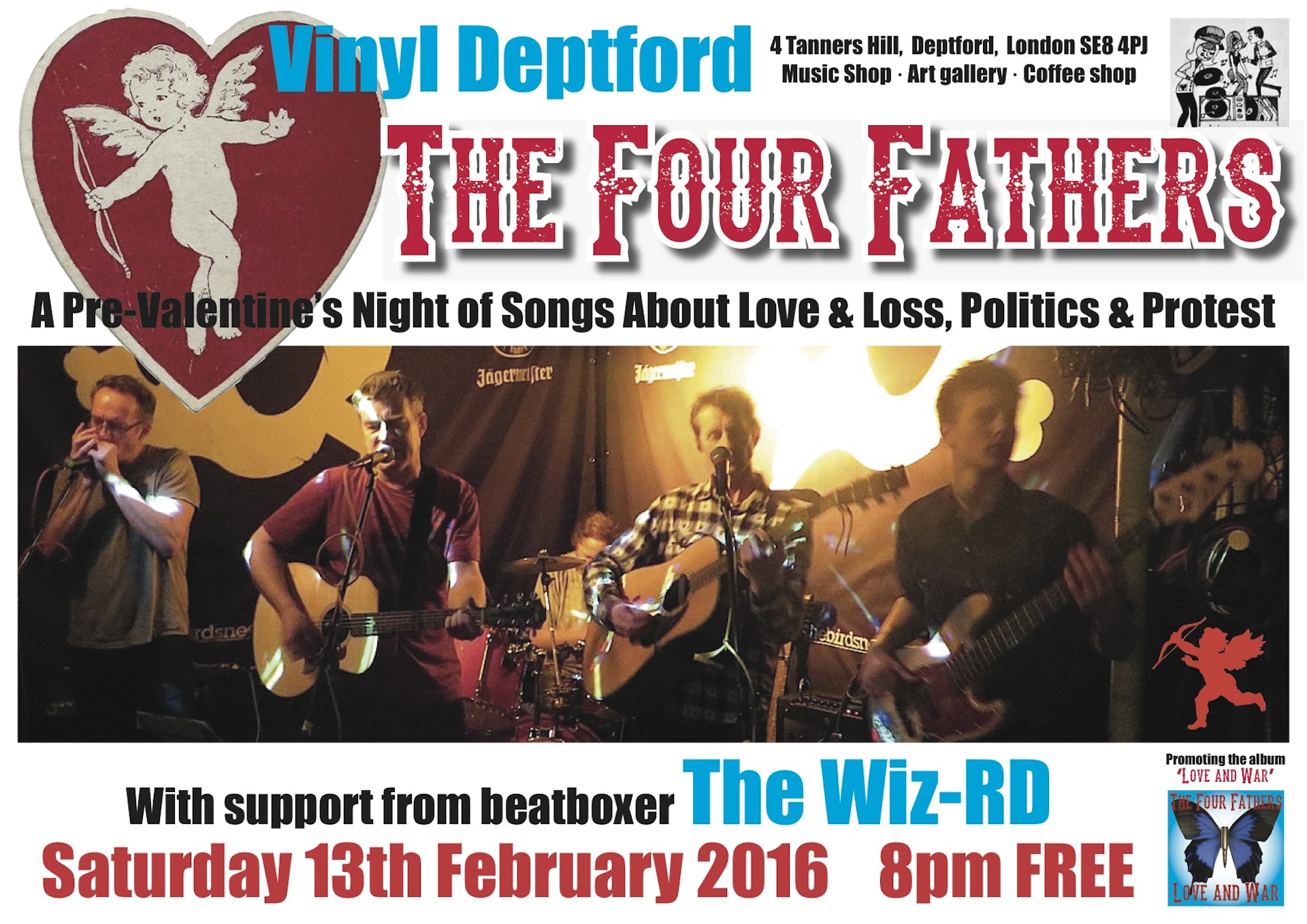 The poster for Andy Worthington's band The Four Fathers' free gig at Vinyl in Deptford on Saturday February 13, 2016 (design by Brendan Horstead).