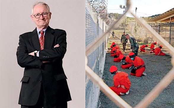 Judge John J. Gibbons, who has died aged 94, and prisoners at Guantanamo on the prison's opening day, January 11, 2002. Judge Gibbons successfully argued for their habeas corpus rights before the Supreme Court in 2004.