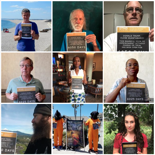 Nine photos from Close Guantanamo's 2018 photo campaign, with supporters holding up posters showing how long Guantanamo has been open, and urging Donald Trump to close it.