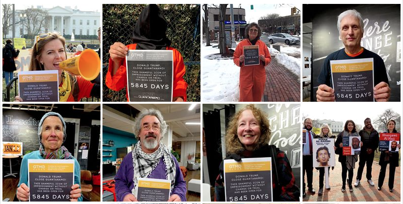 Some of the supporters of the new Close Guantanamo initiative, counting how many days Guantanamo has been open. Clockwise from top L: Alli McCracken of Amnesty International USA, Natalia Scott in Mexico, Susan McLucas in Massachusetts, Martin Gugino, representatives of the Center for Constitutional Rights, Kathy Kelly, Brian Terrell and Beth Adams in Washington, D.C. 
