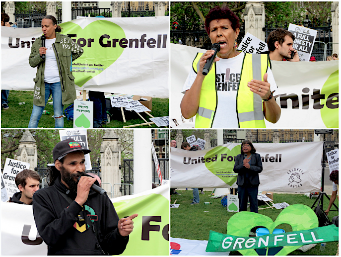Four of my photos from the Grenfell protest outside Parliament on May 14, 2018. Clockwise from top left: Natasha Alcock of Grenfell United, Moyra Samuels of Justice4Grenfell, Diane Abbott MP and Grenfell community organiser Niles Hailstones.