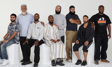 From left to right, former Guantanamo prisoners Asif Iqbal, Jamil El Banna, Jamal al-Harith, Feroz Ali Abbasi, Bisher al-Rawi, Shafiq Rasul, Rhuhel Ahmed and Martin Mubanga, photographed by Andy Hall for the Observer in January 2012.