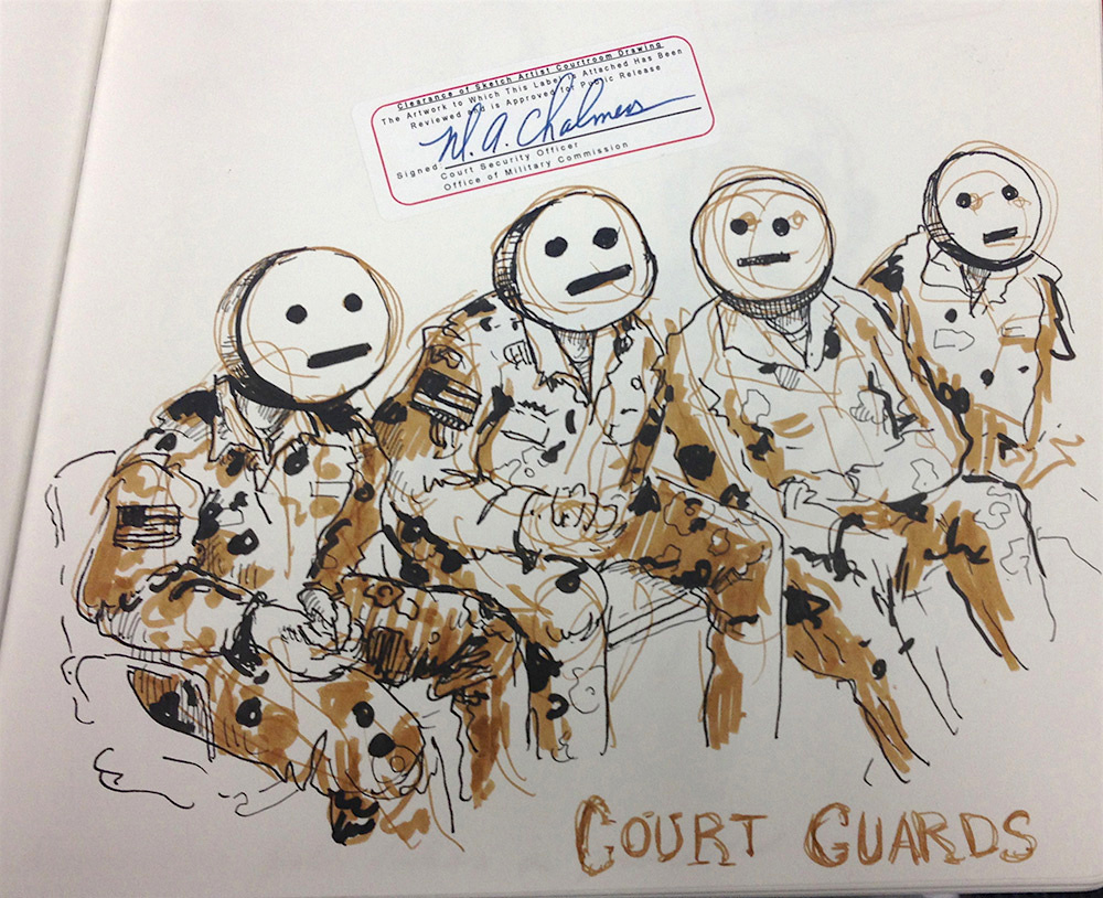An illustration of guards on duty at military commission pre-trial hearings at Guantanamo in 2013, by the artist Molly Crabapple from the first of four articles she wrote and drew for Vice News.