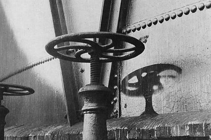 A "shadow" of a hand valve wheel created by the atomic bombing of Hiroshima, August 6, 1945