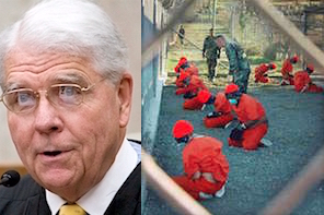 Senior Judge Thomas F. Hogan of the District Court in Washington, D.C. and a photo of prisoners at Guantanamo on the day of the prison's opening, January 11, 2002. 