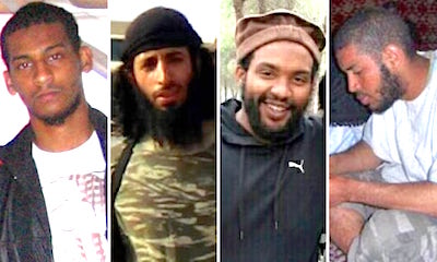 The four British men who joined IS in Syria, and became torturers and executioners. From L to R: El Shafee Elsheikh, Mohammed Emwazi, Aine Davis and Alexanda Kotey.