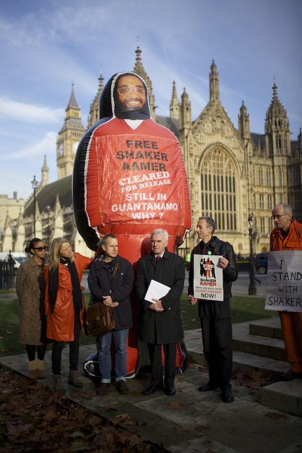 John McDonnell MP, a tireless campaigner for Shaker Aamer and the chair of the Shaker Aamer Parliamentary Group, at the launch of the We Stand With Shaker campaign outside Parliament on November 24, 2014, with, to his right, Joanne MacInnes and Jeremy Hardy, and, to his left, Peter Tatchell (Photo: Stefano Massimo).