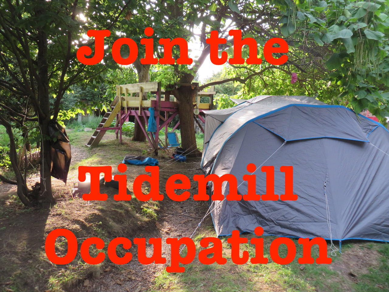 Join the Tidemill Occupation: an image I put together featuring a photo from the Old Tidemill Garden in Deptford on August 28, 2018, the evening the garden was occupied to prevent Lewisham Council from taking it back the day after, prior to its intended destruction.