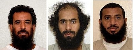 Three of the five prisoners released from Guantanamo and given new homes in Kazakhstan in December 2014. From L to R: Adel al-Hakeemy, a Tunisian, and two Yemenis, Mohammed Ali Hussain Khenaina and Sabri Mohammad Ibrahim al-Qurashi, in photos included in the classified US military files released by WikILeaks in 2011. No public photos exist of the other two men freed.