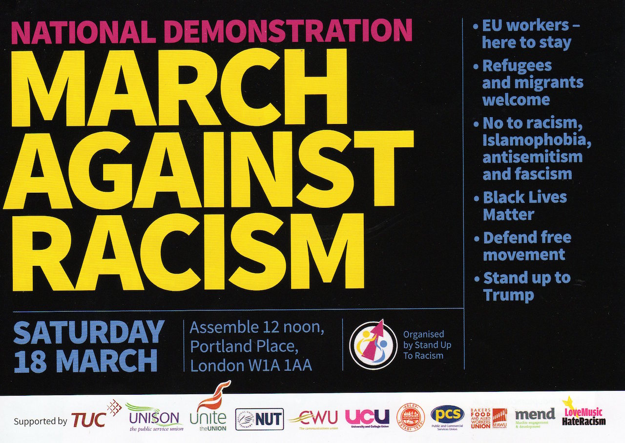 The March Against Racism poster for the national demo on March 18, 2017.