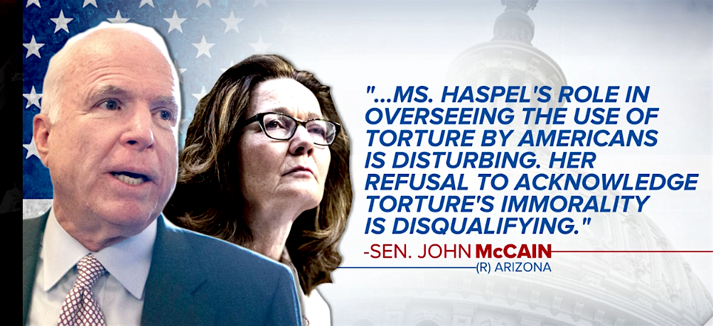 Sen. John McCain gives his reason for refusing the nomination of Gina Haspel as the next Director of the CIA (graphic by CBS News).