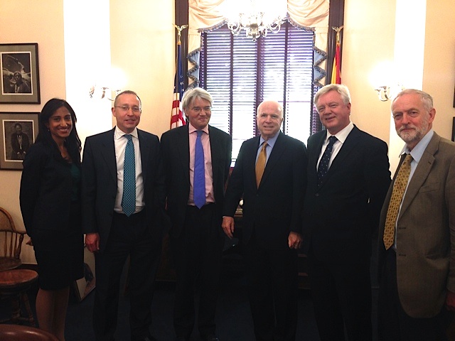 The delegation of British MPs who traveled to Washington, D.C. to call for the release of Shaker Aamer from Guantanamo at a meeting with Sen. John McCain on May 20, 2015. From L to R: Alka Pradhan of Reprieve, Andy Slaughter MP, Andrew Mitchell MP, Sen. John McCain, David Davis MP and Jeremy Corbyn MP.