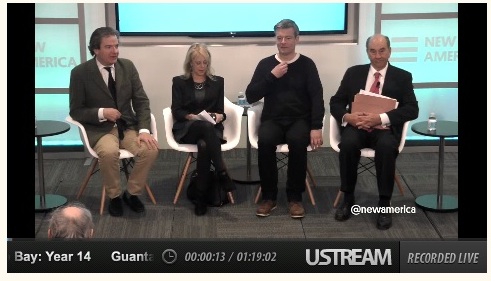 The panel at New America for the discussion, "Guantanamo Bay: Year 14," on jan. 11, the 14th anniversary of the opening of the prison. From L to R: moderator Peter Bergen, panelists Karen Greenberg, Andy Worthington and Tom Wilner.