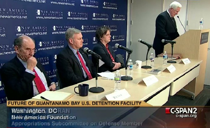 A panel at the New America Foundation on January 11, 2012, discussing Guantanamo on the 10th anniversary of the opening of the prison. From L to R: Tom Wilner, Morris Davis, Andy Worthington and Jim Moran.