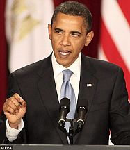 Barack Obama delivering his speech in Cairo, June 4, 2009