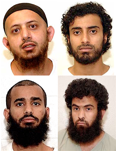 Four Guantanamo prisoners whose cases are still nominally being reviewed by Periodic Review Boards. Clockwise from top left: Omar al-Rammah, awaiting a decision in his review after 16 months, and Khalid Qasim, Abdul Rahim Ghulam Rabbani and Uthman Mohammed Uthman, who all had their ongoing imprisonment upheld after reviews this year.