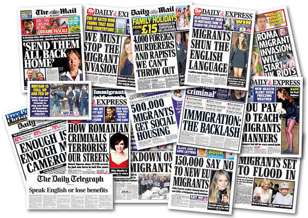 A selection of racist headlines from the UK's tabloid newspapers, as highlighted in a Hope Not Hate feature in January 2014.