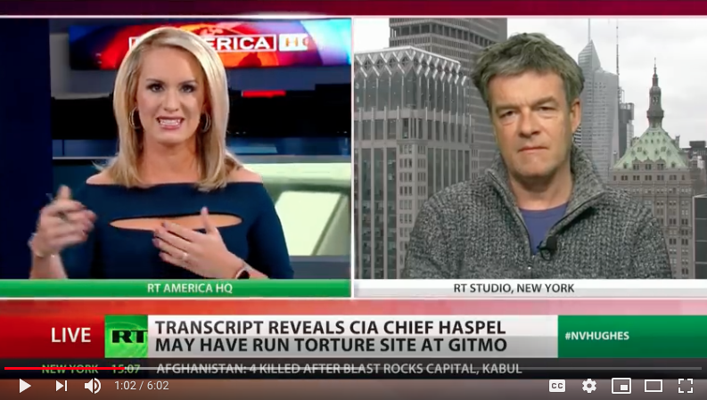 A screenshot of Andy Worthington discussing Guantanamo, black sites and Gina Haspel with Scottie Nell Hughes on RT America on January 15, 2019.
