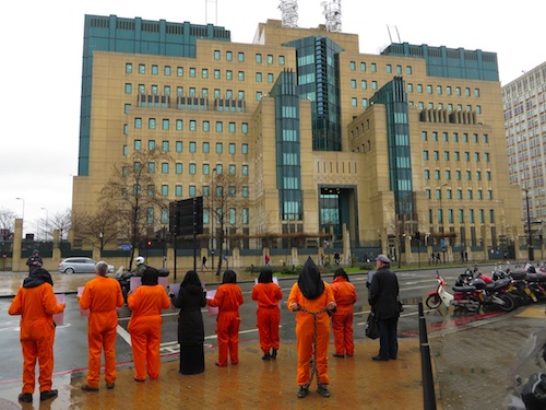 A protest organized by the Save Shaker Aamer Campaign outside MI6 headquarters on February 14, 2014, the 12th anniversary of the arrival at Guantanmao of Shaker Aamer, the ast British resident in the prison (Photo: Andy Worthington).