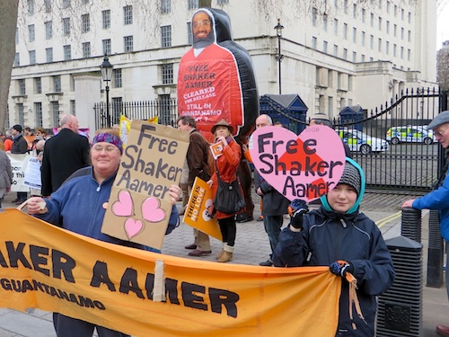 Campaigners call for the release from Guantanamo of Shaker Aamer, the last British resident in the prison, opposite 10 Downing Street on February 14, 2015, the 13th anniversary of his arrival at the prison (Photo: Andy Worthington).